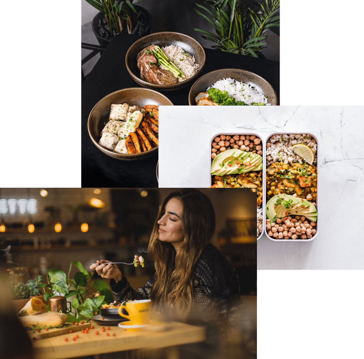 women enjoying food,meals in storage container,and food bowls on a table